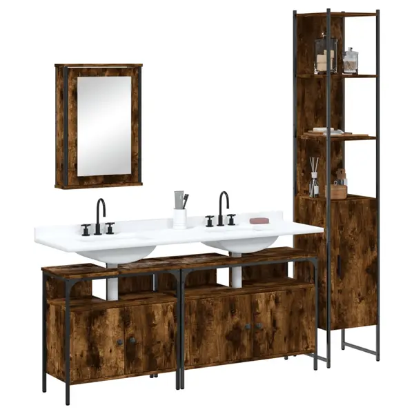 Gossi set mobilier de baie, 4 piese, stejar fumuriu, lemn prelucrat