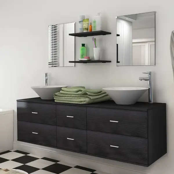 Gossi set mobilier de baie, 9 piese, cu chiuveta si robinet, negru