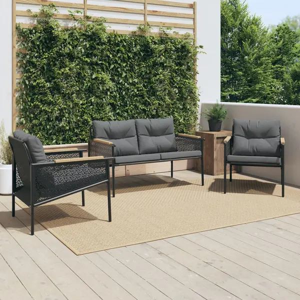 Gossi set mobilier de balcon, 3 piese, cu perne, negru, otel