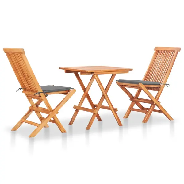 Gossi set mobilier de bistro cu perne gri, 3 piese, lemn masiv de tec