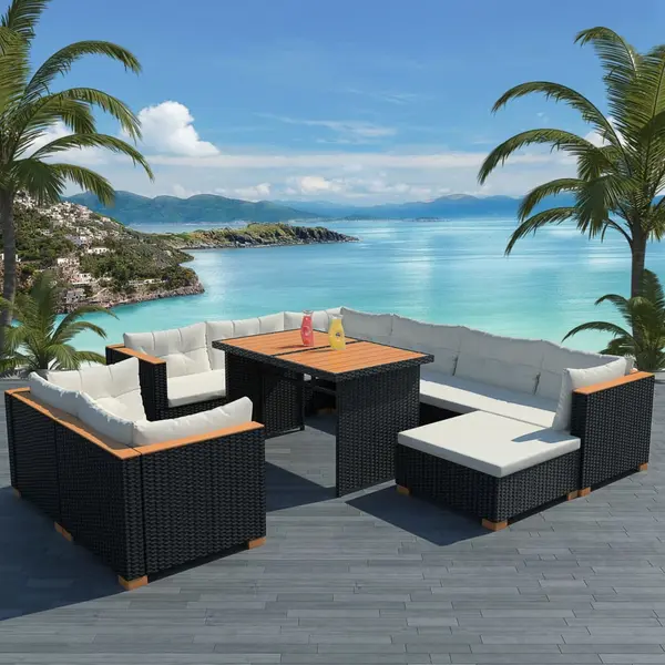 Gossi set mobilier de gradina cu perne, 10 piese, negru, poliratan