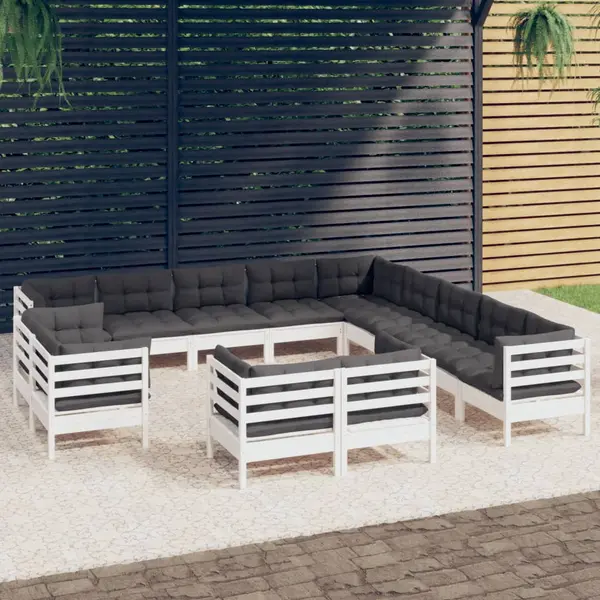Gossi set mobilier de gradina cu perne, 13 piese alb, lemn masiv pin