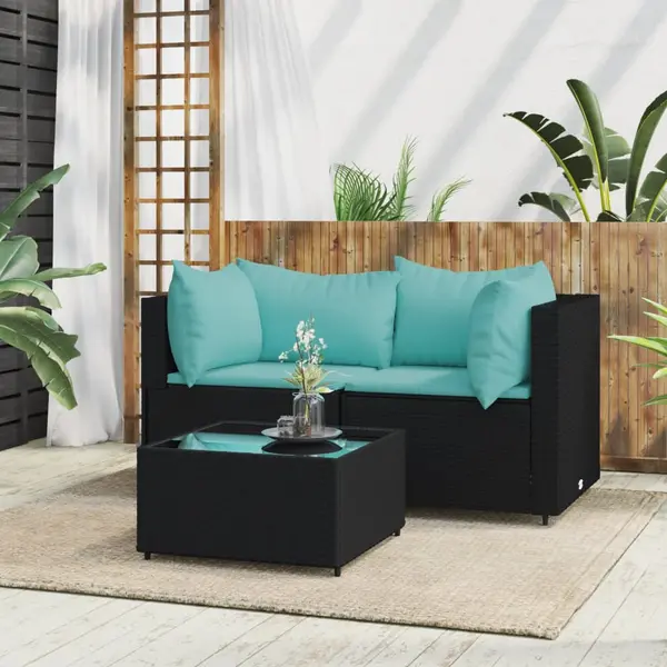 Gossi set mobilier de gradina cu perne, 3 piese, negru, poliratan