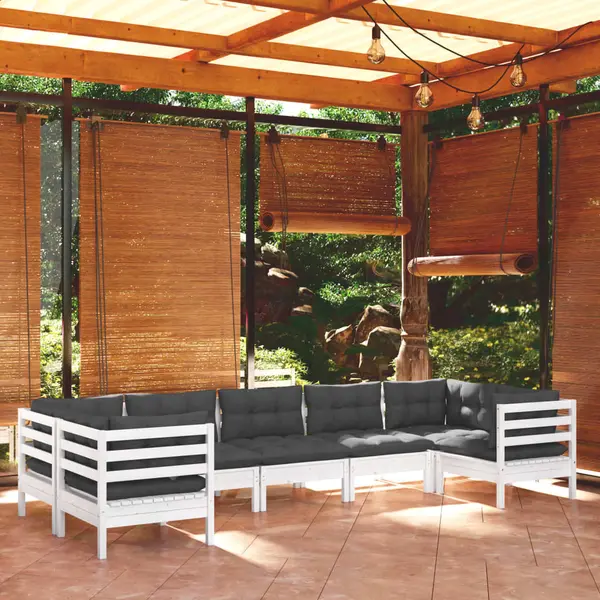 Gossi set mobilier de gradina cu perne, 7 piese, alb, lemn masiv pin