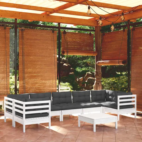 Gossi set mobilier de gradina cu perne, 8 piese, alb, lemn masiv pin
