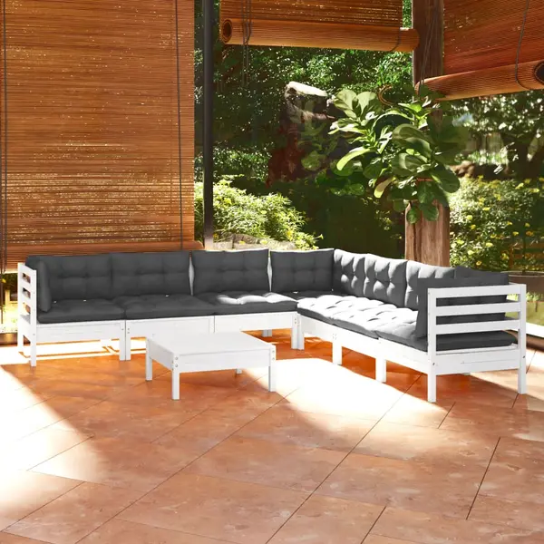 Gossi set mobilier de gradina cu perne, 8 piese, alb, lemn masiv pin