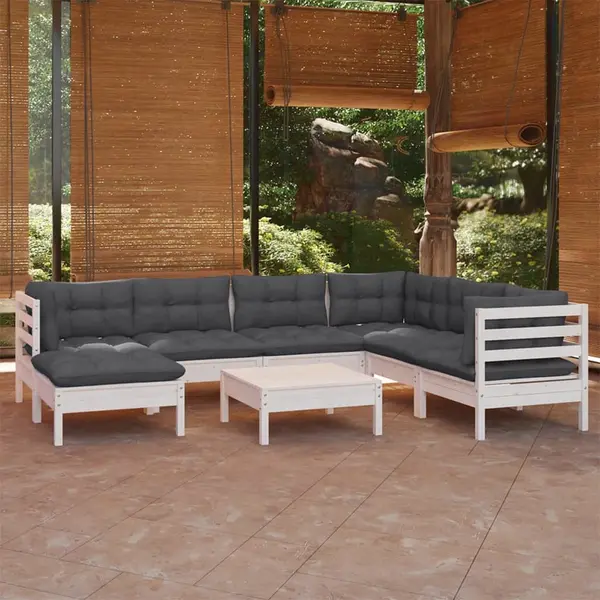Gossi set mobilier de gradina cu perne, 8 piese, alb, lemn masiv pin