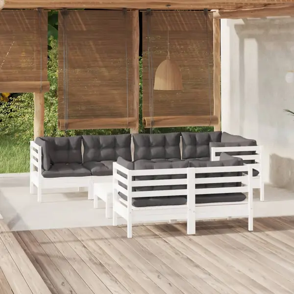Gossi set mobilier de gradina cu perne, 8 piese, alb, lemn masiv pin