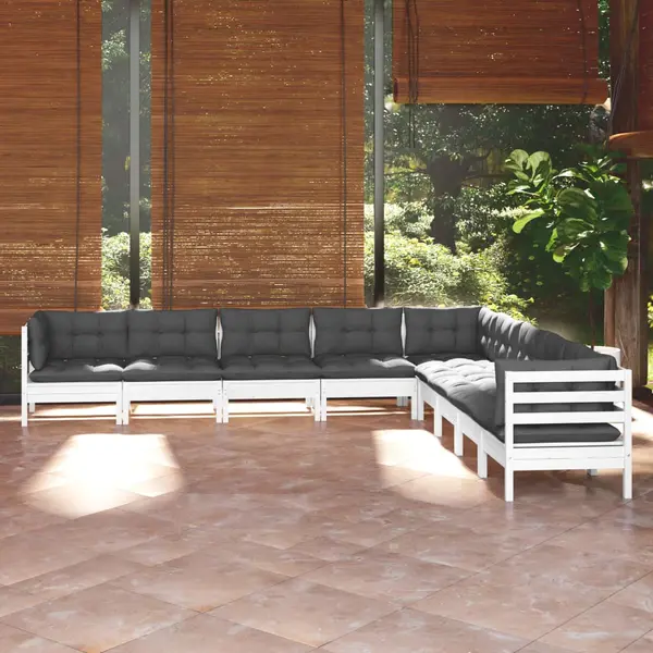 Gossi set mobilier de gradina cu perne, 9 piese, alb, lemn masiv pin
