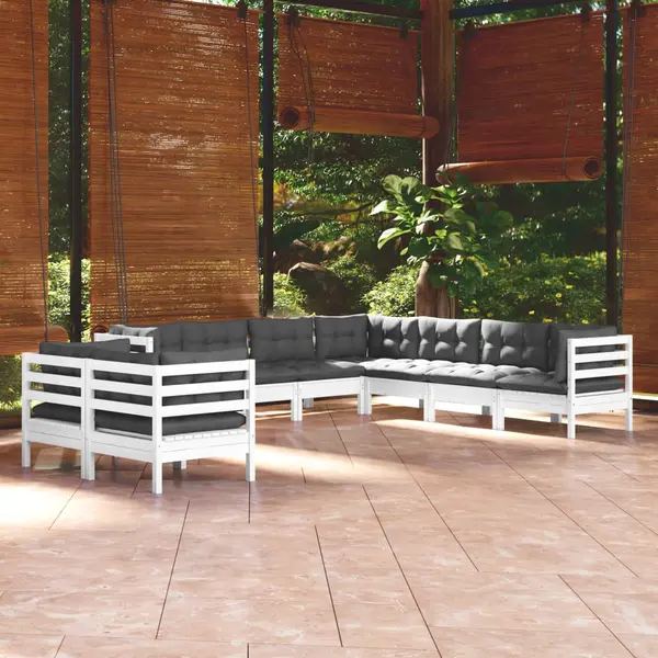 Gossi set mobilier de gradina cu perne, 9 piese, alb, lemn masiv pin