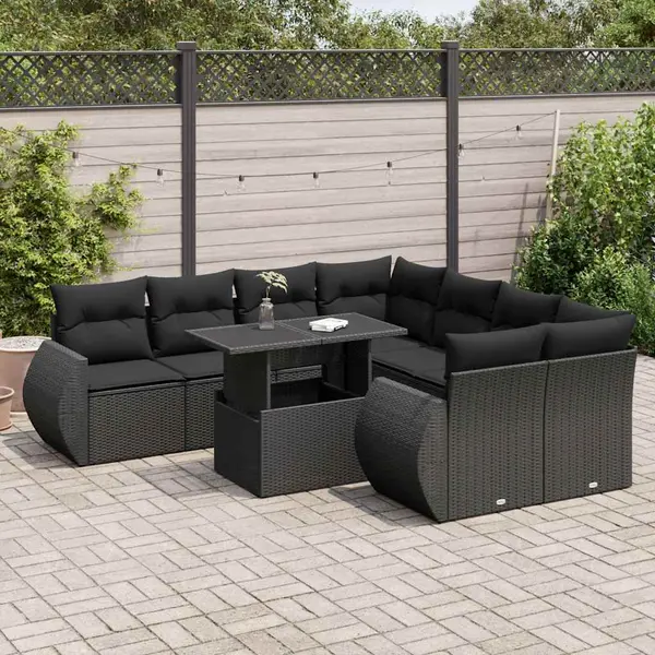 Gossi set mobilier de gradina cu perne, 9 piese, negru, poliratan