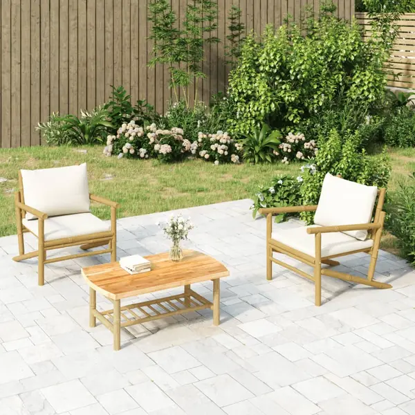 Gossi set mobilier de gradina, cu perne alb crem, 3 piese, bambus