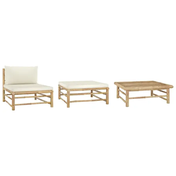 Gossi set mobilier de gradina, cu perne alb crem, 3 piese, bambus