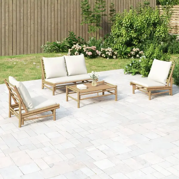 Gossi set mobilier de gradina, cu perne alb crem, 4 piese, bambus