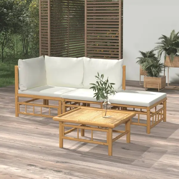 Gossi set mobilier de gradina, cu perne alb crem, 4 piese, bambus