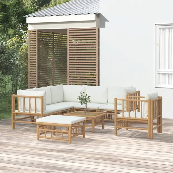 Gossi set mobilier de gradina, cu perne alb crem, 8 piese, bambus
