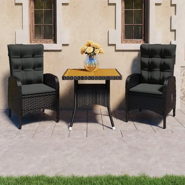 Gossi set mobilier gradina, 3 piese, negru, poliratan si lemn acacia