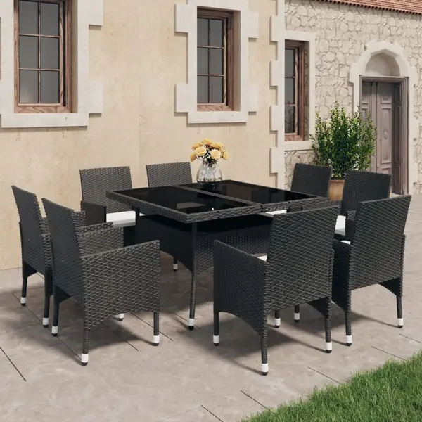 Gossi set mobilier gradina, 9 piese, negru, poliratan, lemn acacia