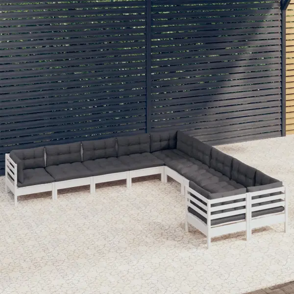 Gossi set mobilier gradina cu perne, 10 piese, alb, lemn de pin