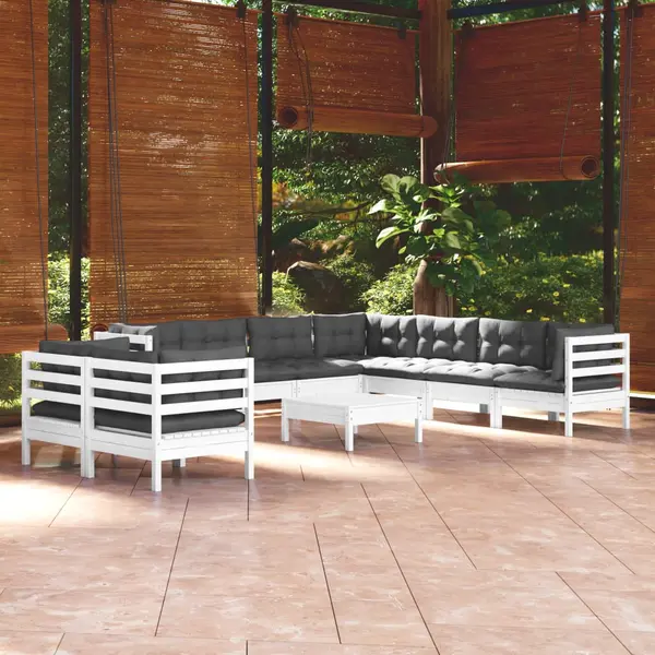 Gossi set mobilier gradina cu perne, 10 piese, alb, lemn masiv pin