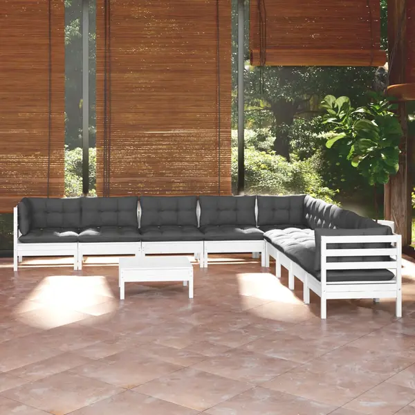 Gossi set mobilier gradina cu perne, 10 piese, alb, lemn masiv pin