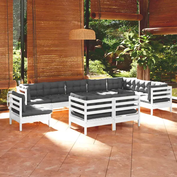 Gossi set mobilier gradina cu perne, 10 piese, alb, lemn masiv de pin
