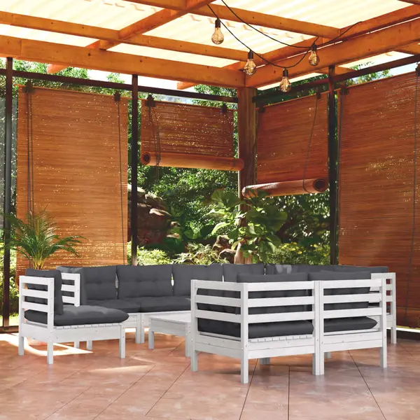 Gossi set mobilier gradina cu perne, 10 piese, alb, lemn masiv pin