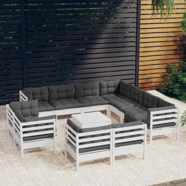 Gossi set mobilier gradina cu perne, 12 piese, alb, lemn masiv pin