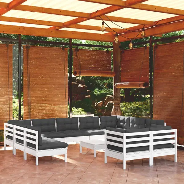 Gossi set mobilier gradina cu perne, 12 piese, alb, lemn masiv pin