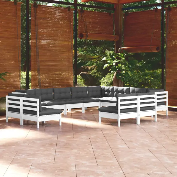 Gossi set mobilier gradina cu perne, 12 piese, alb, lemn masiv pin