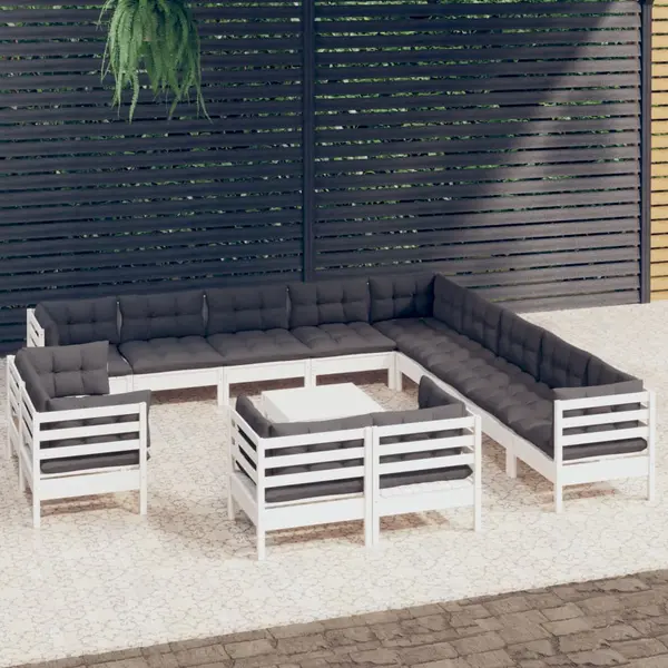 Gossi set mobilier gradina cu perne, 14 piese, alb, lemn masiv pin