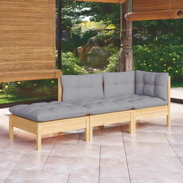 Gossi set mobilier gradina cu perne, 3 piese, gri, lemn masiv pin