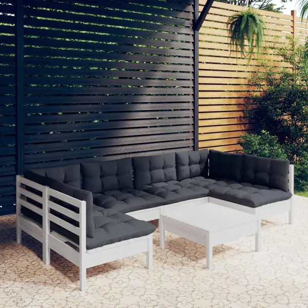 Gossi set mobilier gradina cu perne, 7 piese, alb, lemn masiv de pin