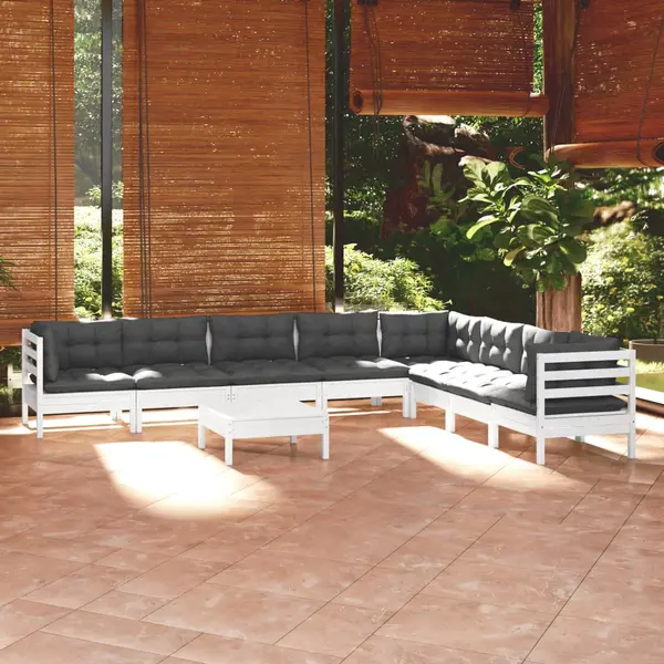 Gossi set mobilier gradina cu perne, 9 piese, alb, lemn masiv pin