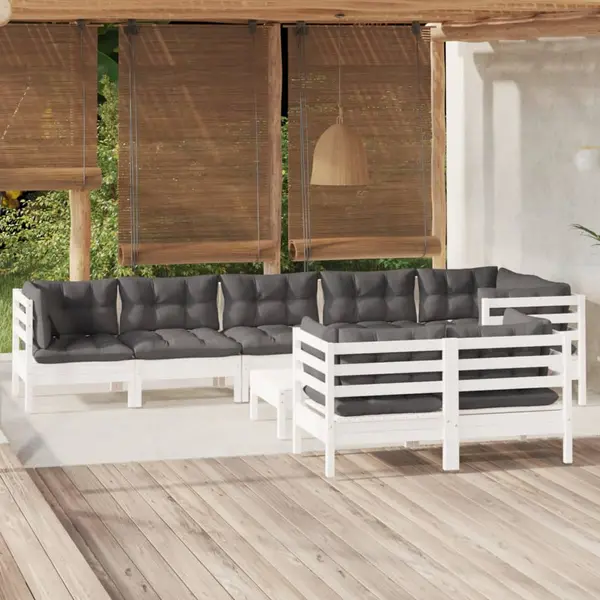 Gossi set mobilier gradina cu perne, 9 piese, alb, lemn masiv pin