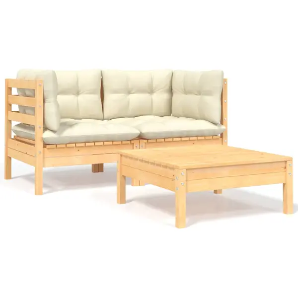 Gossi set mobilier gradina cu perne crem, 3 piese, lemn masiv de pin