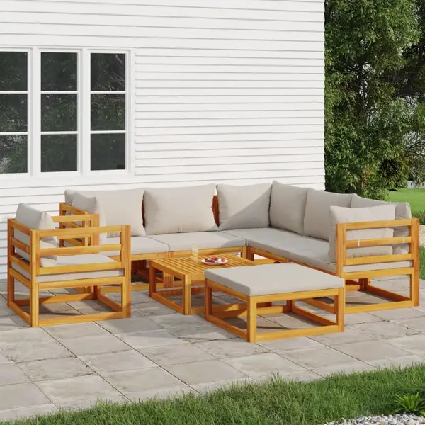 Gossi set mobilier gradina cu perne gri deschis, 8 piese, lemn masiv