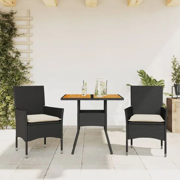 Gossi set mobilier gradina perne 3 piese negru poliratan/lemn acacia