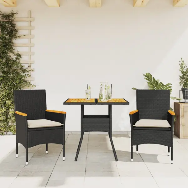 Gossi set mobilier gradina perne 3 piese negru poliratan/lemn acacia