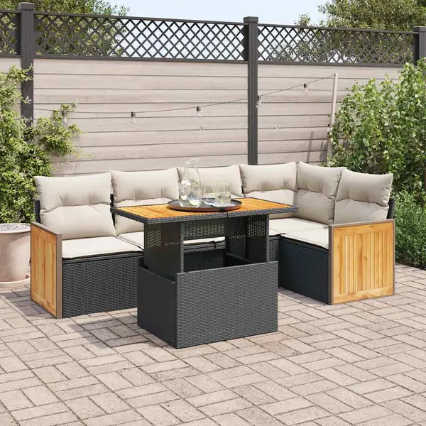 Gossi set mobilier gradina perne 6 piese negru poliratan/lemn acacia