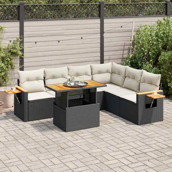Gossi set mobilier gradina perne 6 piese negru poliratan/lemn acacia