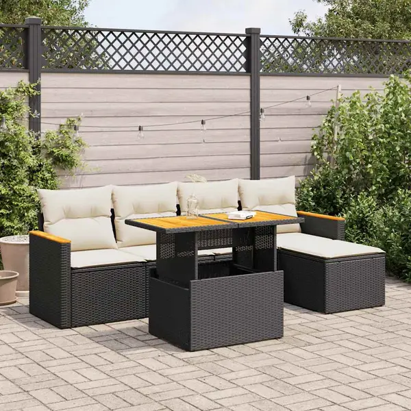 Gossi set mobilier gradina perne 6 piese negru poliratan/lemn acacia