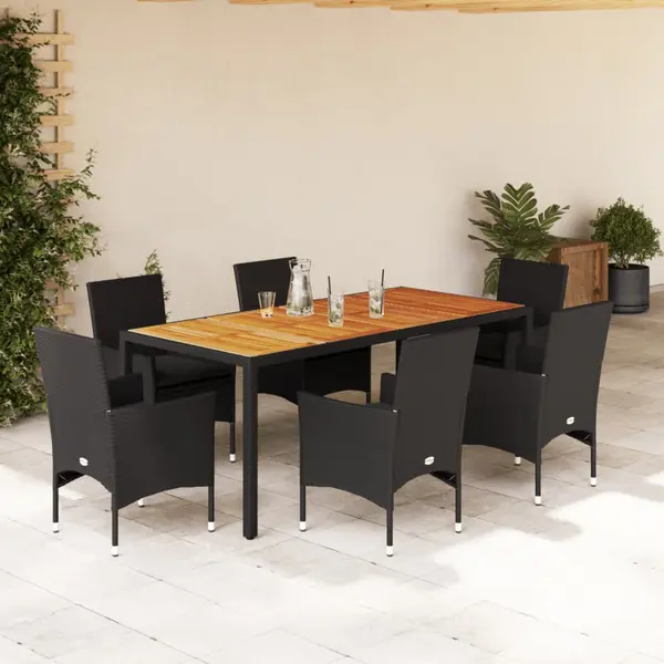 Gossi set mobilier gradina perne 7 piese negru poliratan/lemn acacia