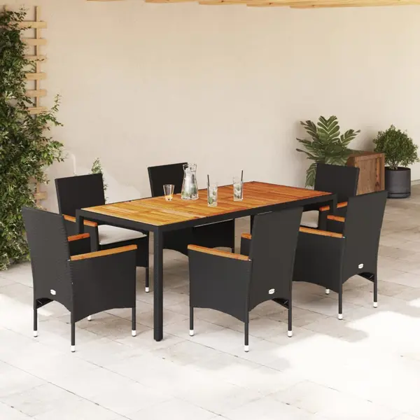 Gossi set mobilier gradina perne 7 piese negru poliratan/lemn acacia