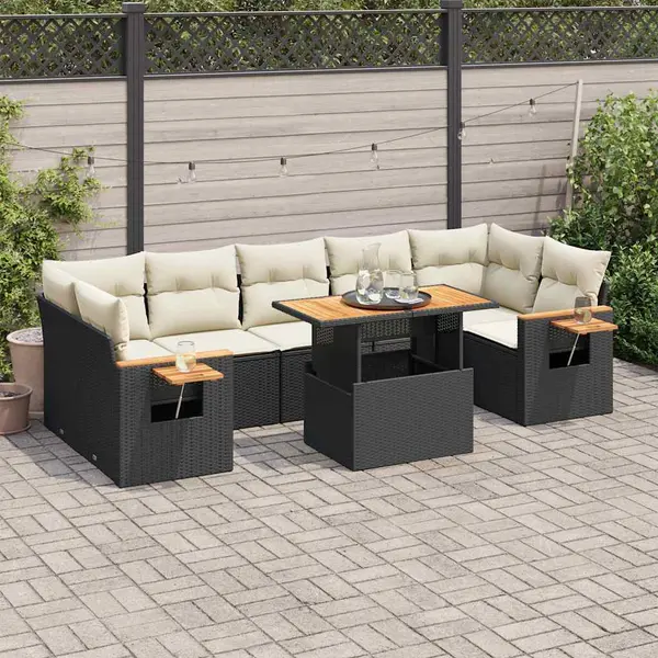 Gossi set mobilier gradina perne 8 piese negru, poliratan/lemn acacia