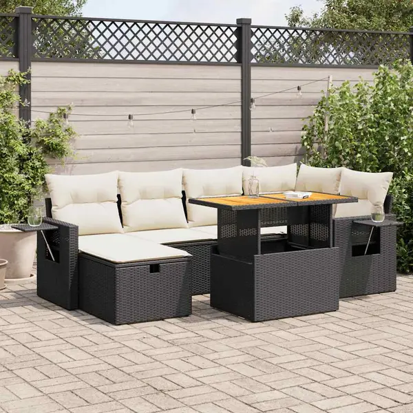 Gossi set mobilier gradina perne 8 piese negru, poliratan/lemn acacia