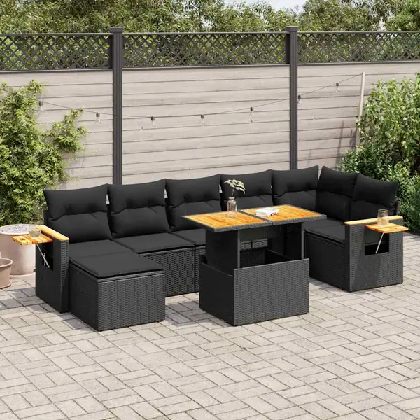 Gossi set mobilier gradina perne 8 piese negru, poliratan/lemn acacia