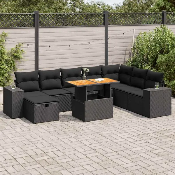 Gossi set mobilier gradina perne 9 piese negru poliratan/lemn acacia