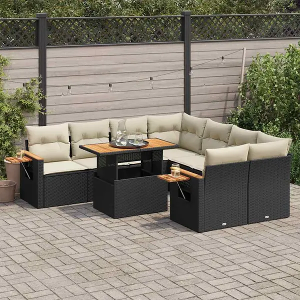 Gossi set mobilier gradina perne 9 piese negru poliratan/lemn acacia
