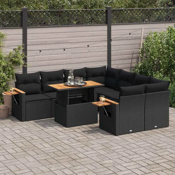 Gossi set mobilier gradina perne 9 piese negru poliratan/lemn acacia